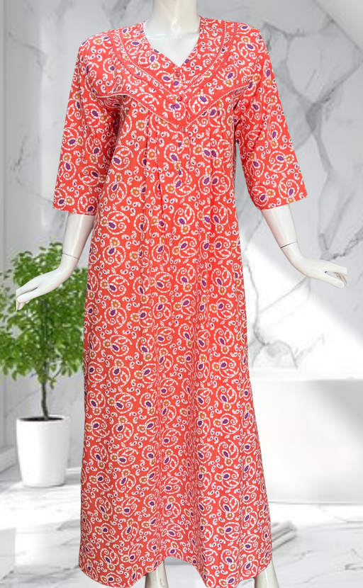 Peach Batik Pure Cotton Long Sleeves Nighty. Soft Breathable Fabric | Laces and Frills