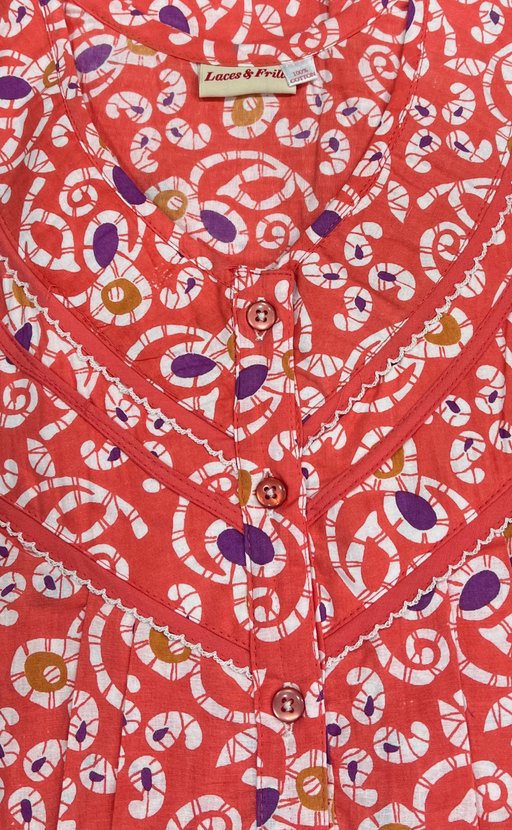 Peach Batik Pure Cotton Long Sleeves Nighty. Soft Breathable Fabric | Laces and Frills