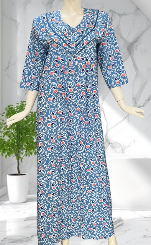 Light Blue Batik Pure Cotton Long Sleeves Nighty. Soft Breathable Fabric | Laces and Frills