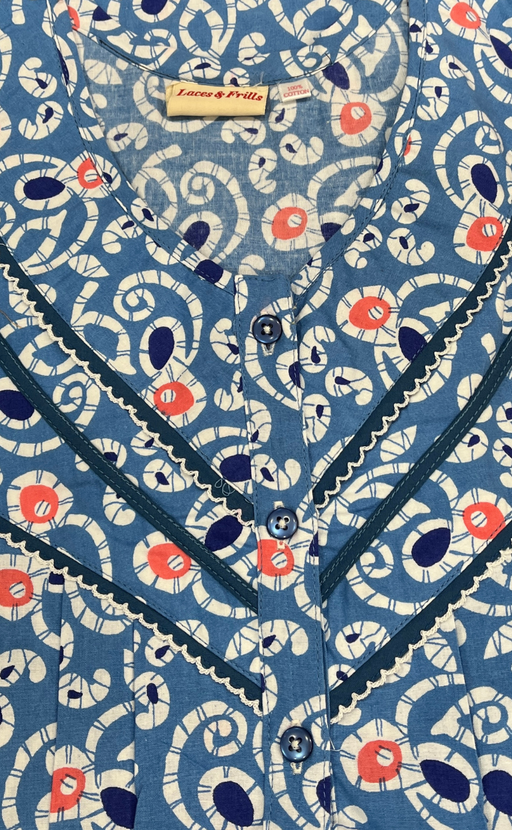 Light Blue Batik Pure Cotton Long Sleeves Nighty. Soft Breathable Fabric | Laces and Frills