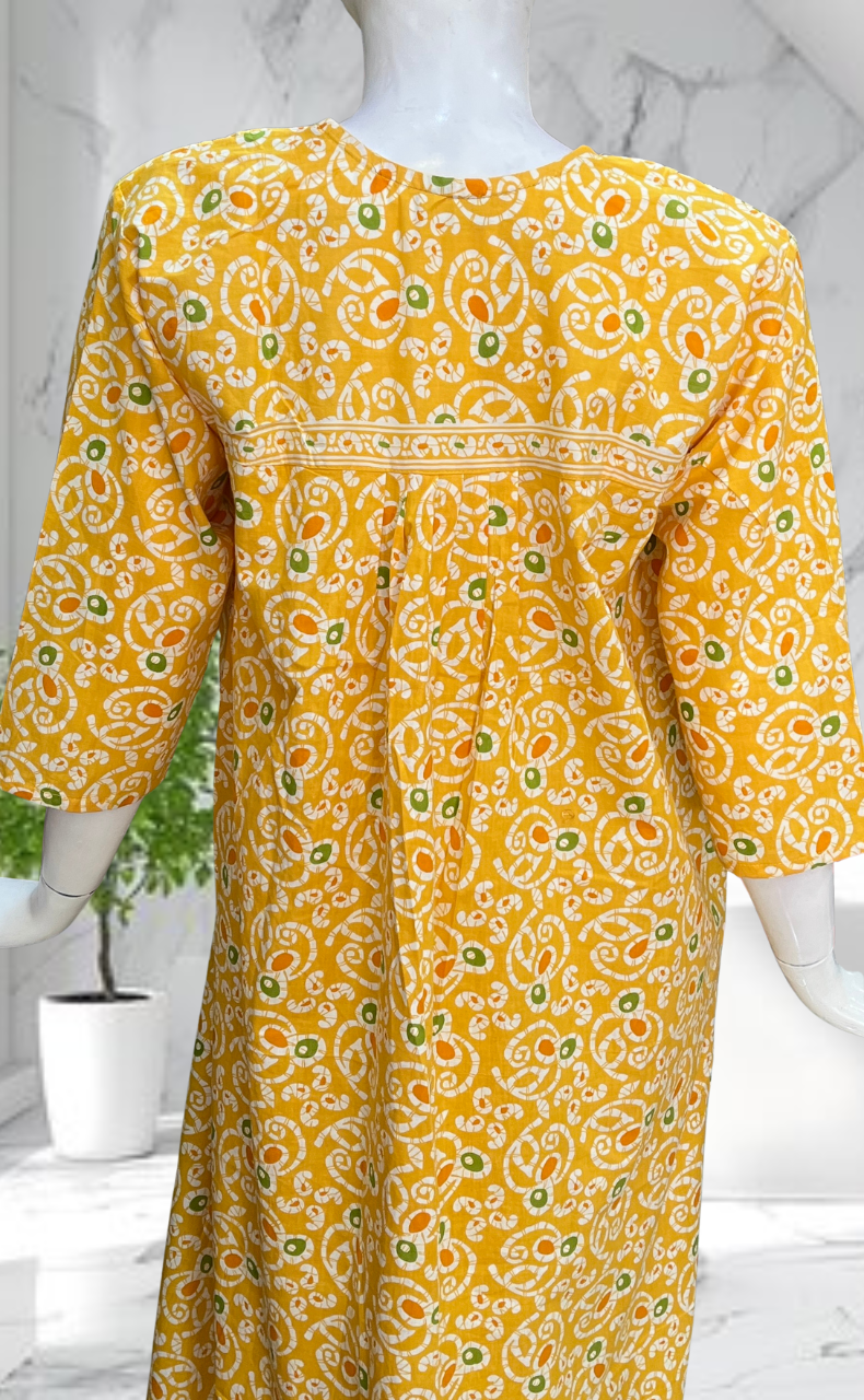 Yellow Batik Pure Cotton Long Sleeves Nighty. Soft Breathable Fabric | Laces and Frills