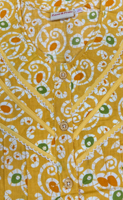 Yellow Batik Pure Cotton Long Sleeves Nighty. Soft Breathable Fabric | Laces and Frills