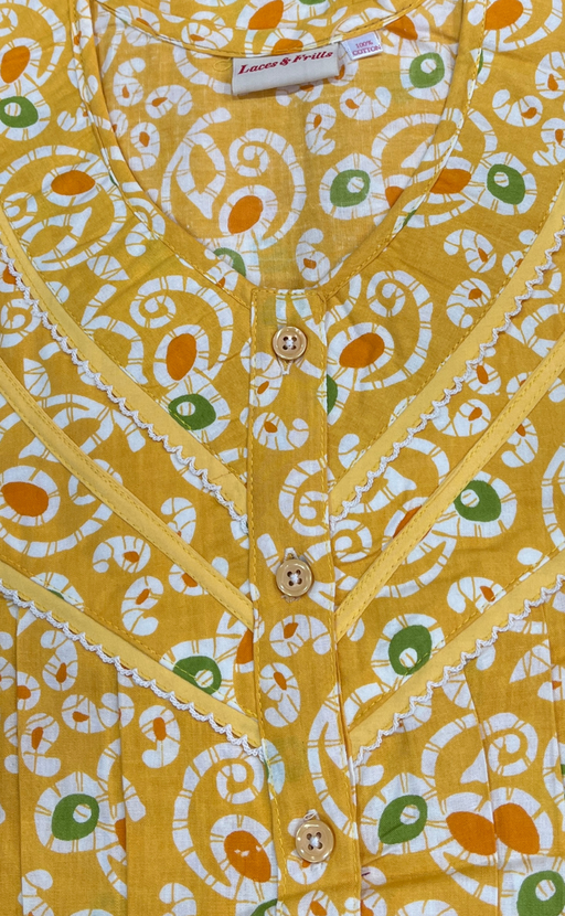 Yellow Batik Pure Cotton Long Sleeves Nighty. Soft Breathable Fabric | Laces and Frills