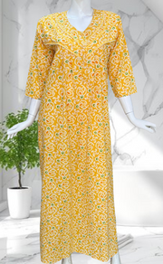 Yellow Batik Pure Cotton Long Sleeves Nighty. Soft Breathable Fabric | Laces and Frills