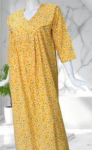 Yellow Batik Pure Cotton Long Sleeves Nighty. Soft Breathable Fabric | Laces and Frills
