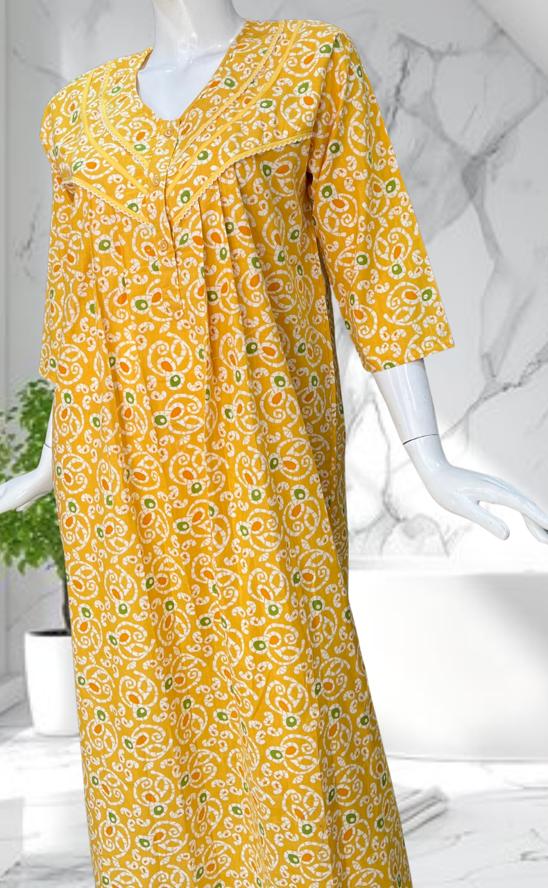 Yellow Batik Pure Cotton Long Sleeves Nighty. Soft Breathable Fabric | Laces and Frills