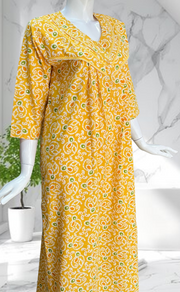 Yellow Batik Pure Cotton Long Sleeves Nighty. Soft Breathable Fabric | Laces and Frills