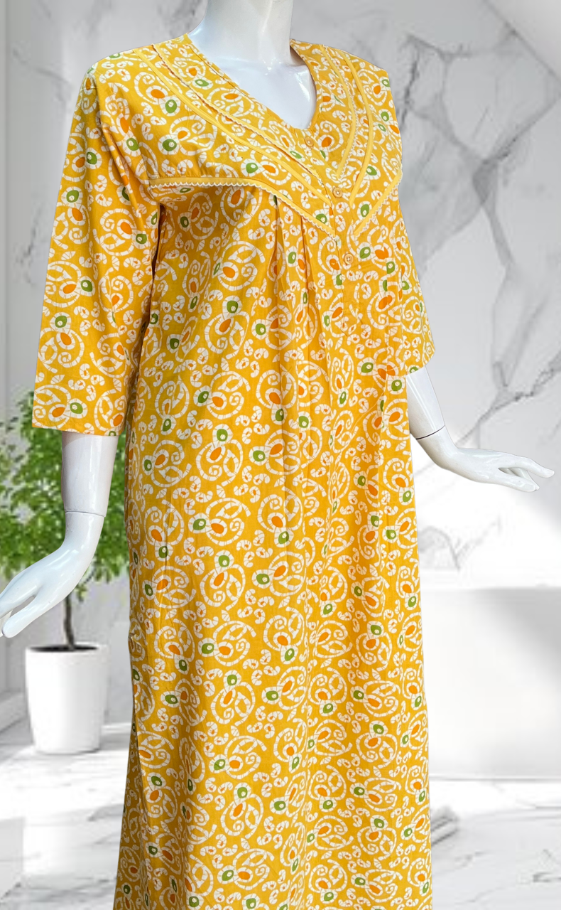 Yellow Batik Pure Cotton Long Sleeves Nighty. Soft Breathable Fabric | Laces and Frills