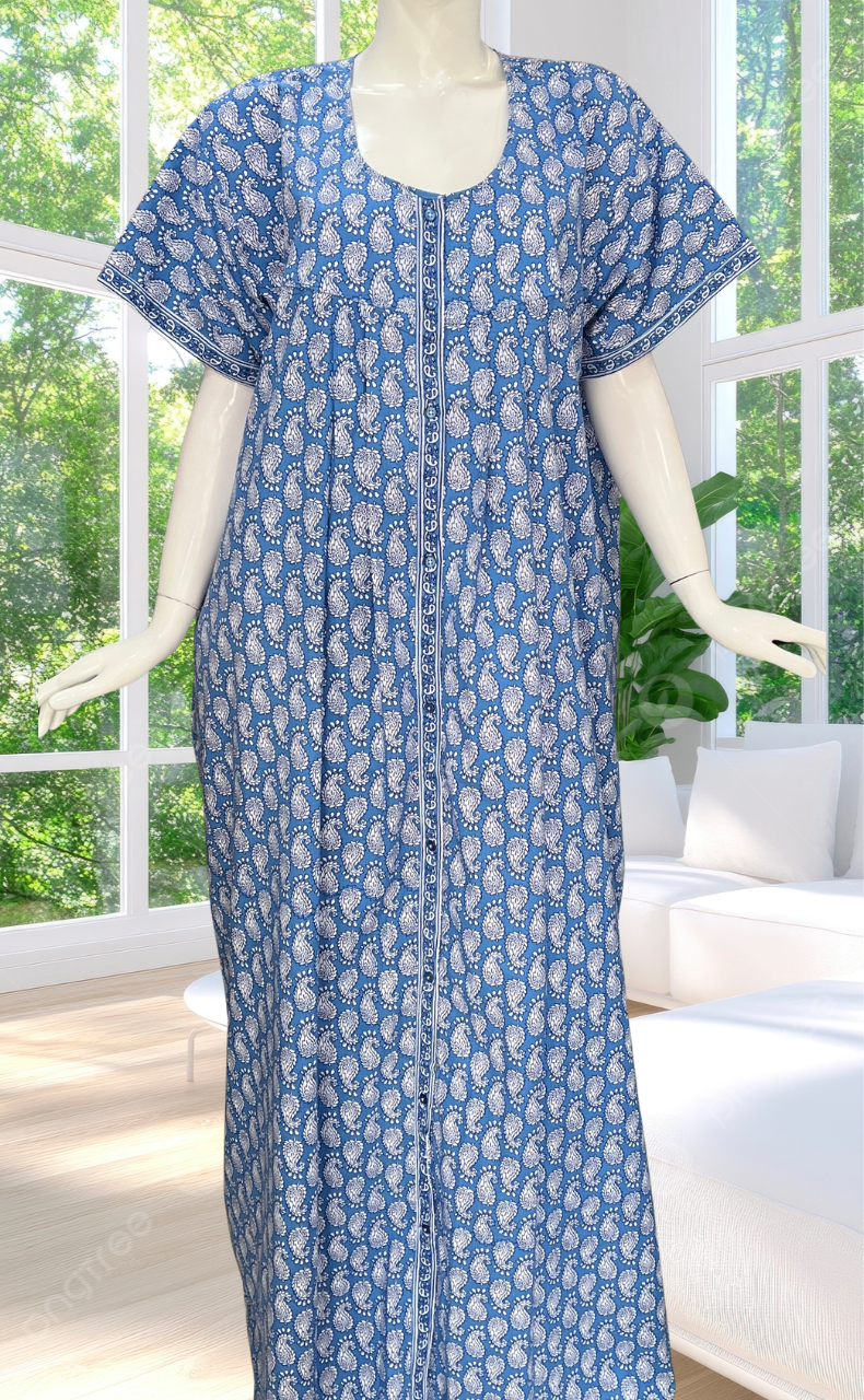 Light Blue Paisley Print Full Open Pure Cotton Nighty. Pure Cotton | Laces and Frills