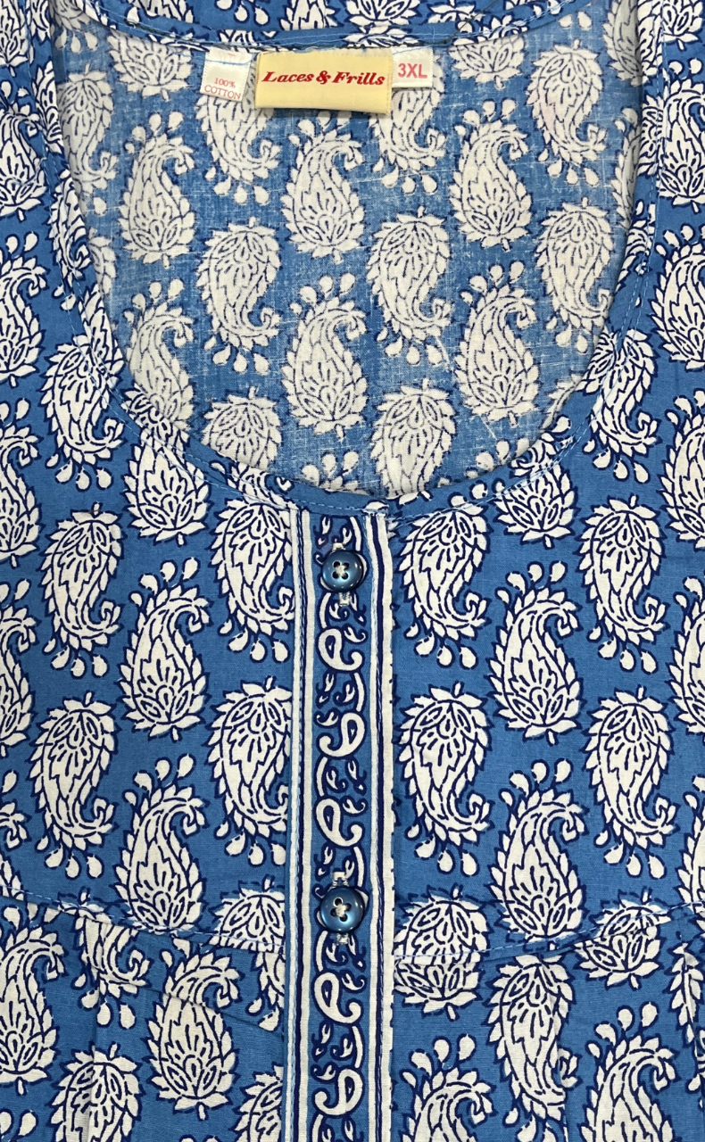 Light Blue Paisley Print Full Open Pure Cotton Nighty. Pure Cotton | Laces and Frills