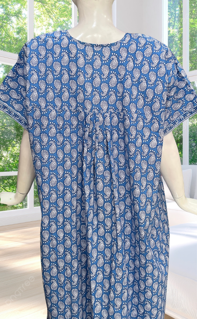 Light Blue Paisley Print Full Open Pure Cotton Nighty. Pure Cotton | Laces and Frills