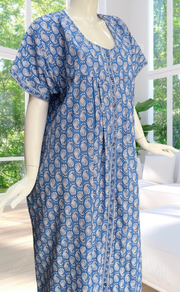 Light Blue Paisley Print Full Open Pure Cotton Nighty. Pure Cotton | Laces and Frills