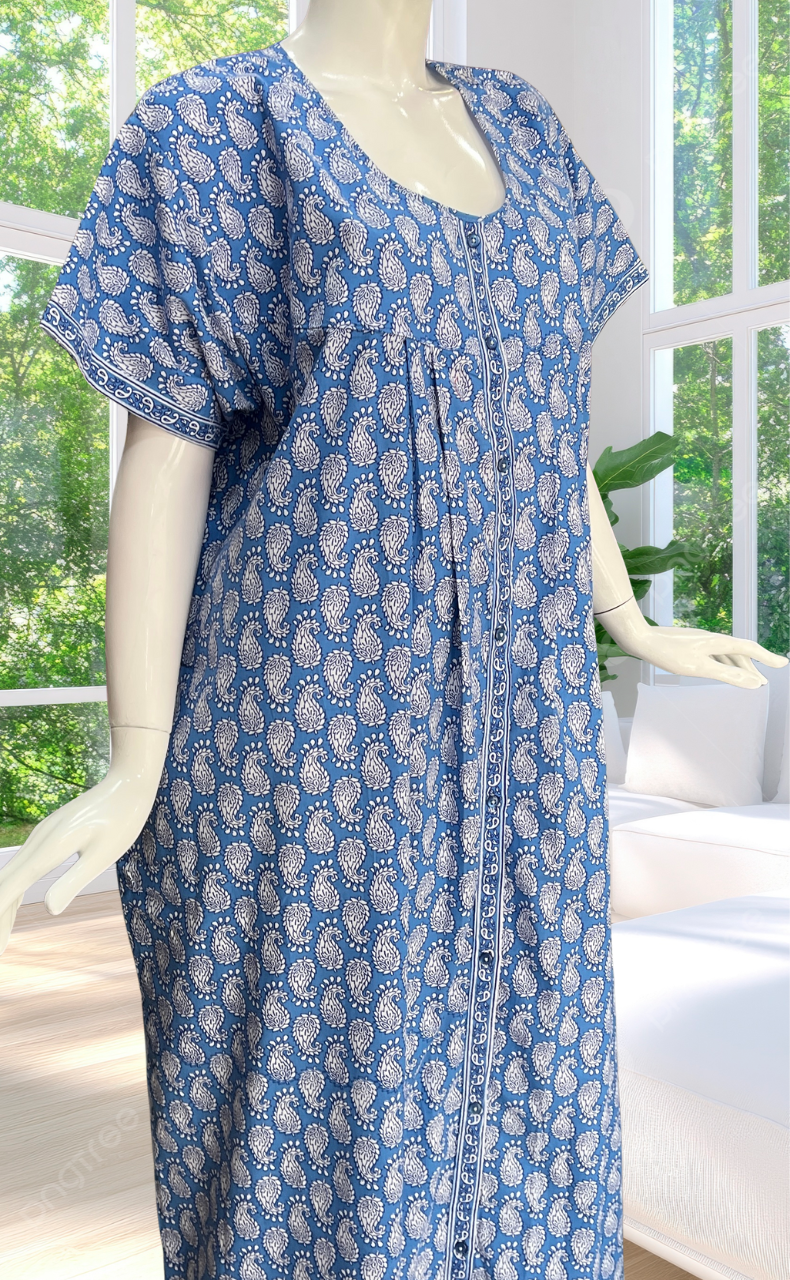 Light Blue Paisley Print Full Open Pure Cotton Nighty. Pure Cotton | Laces and Frills