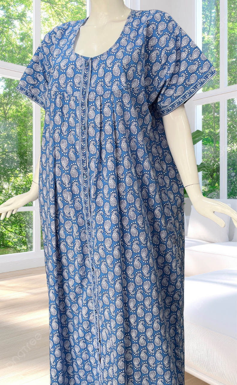 Light Blue Paisley Print Full Open Pure Cotton Nighty. Pure Cotton | Laces and Frills