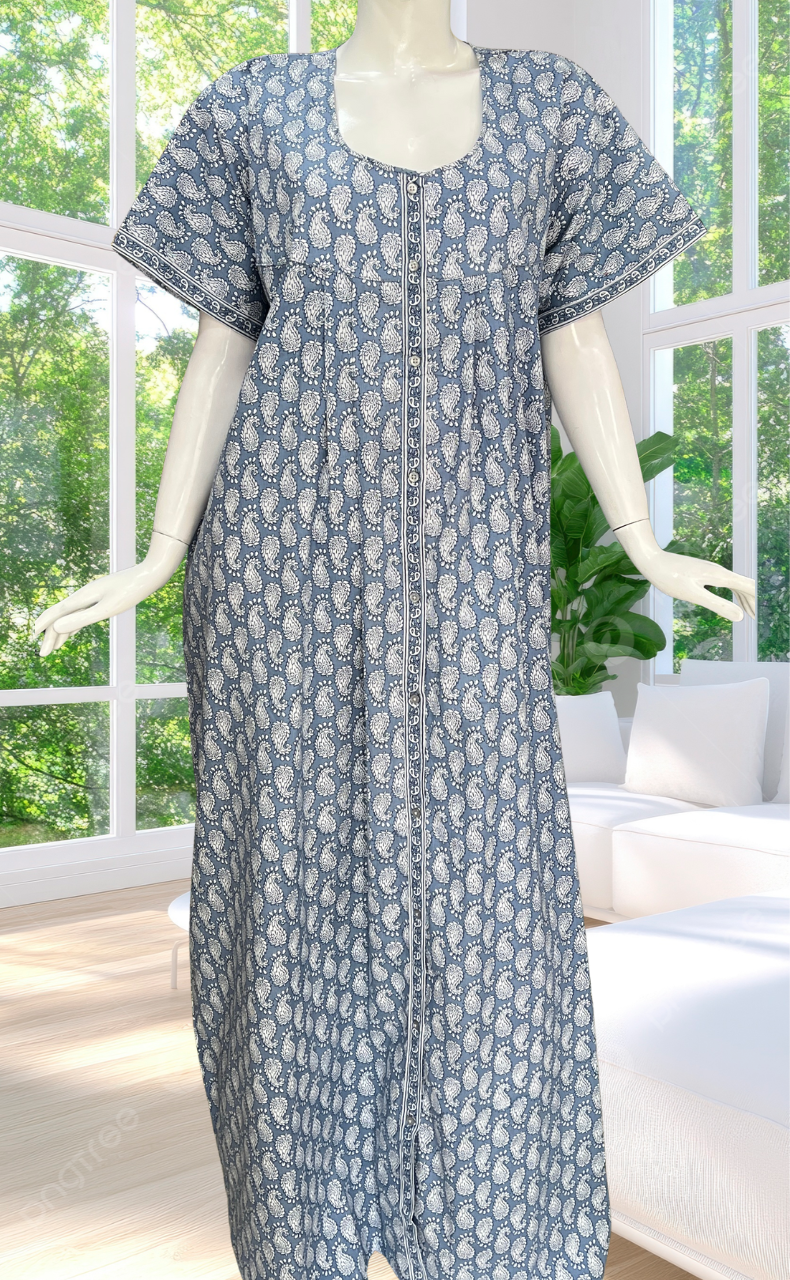 Grey Paisley Print Full Open Pure Cotton Nighty. Pure Cotton | Laces and Frills