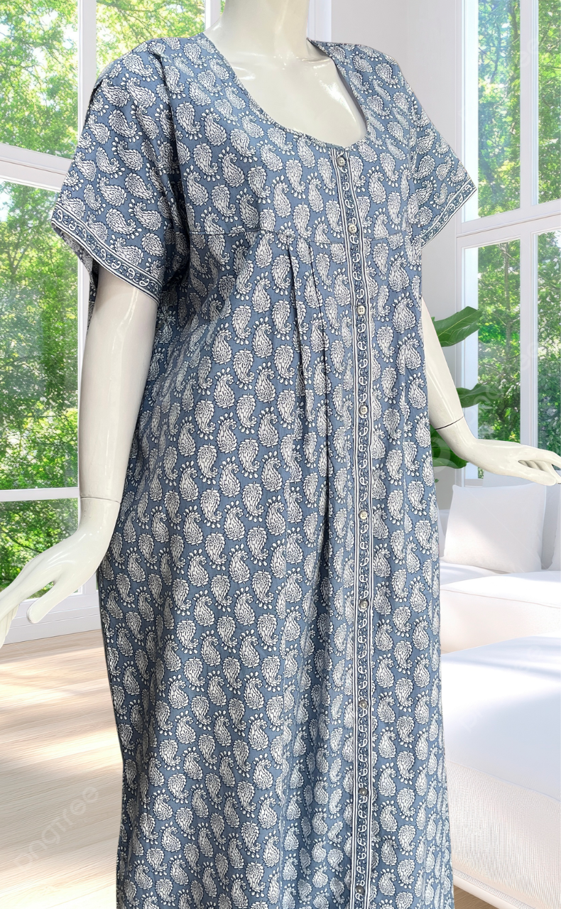 Grey Paisley Print Full Open Pure Cotton Nighty. Pure Cotton | Laces and Frills