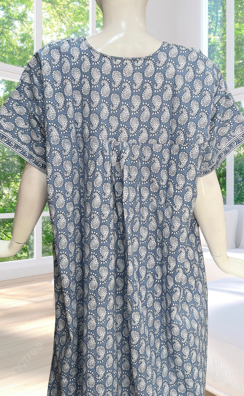 Grey Paisley Print Full Open Pure Cotton Nighty. Pure Cotton | Laces and Frills