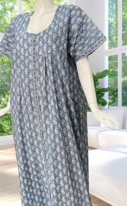 Grey Paisley Print Full Open Pure Cotton Nighty. Pure Cotton | Laces and Frills