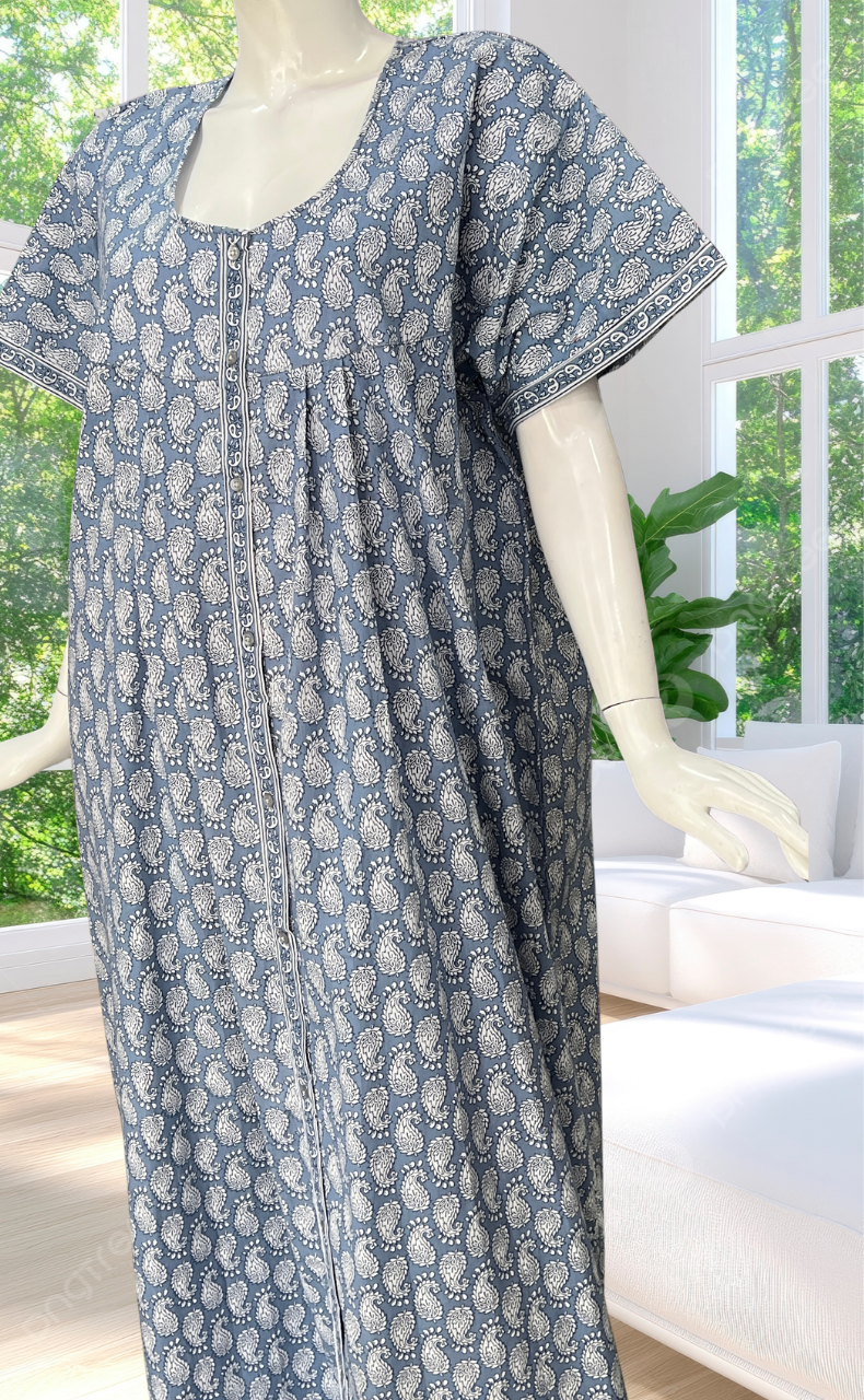 Grey Paisley Print Full Open Pure Cotton Nighty. Pure Cotton | Laces and Frills