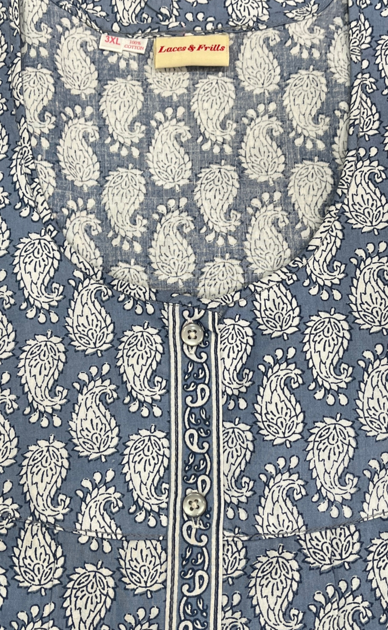 Grey Paisley Print Full Open Pure Cotton Nighty. Pure Cotton | Laces and Frills