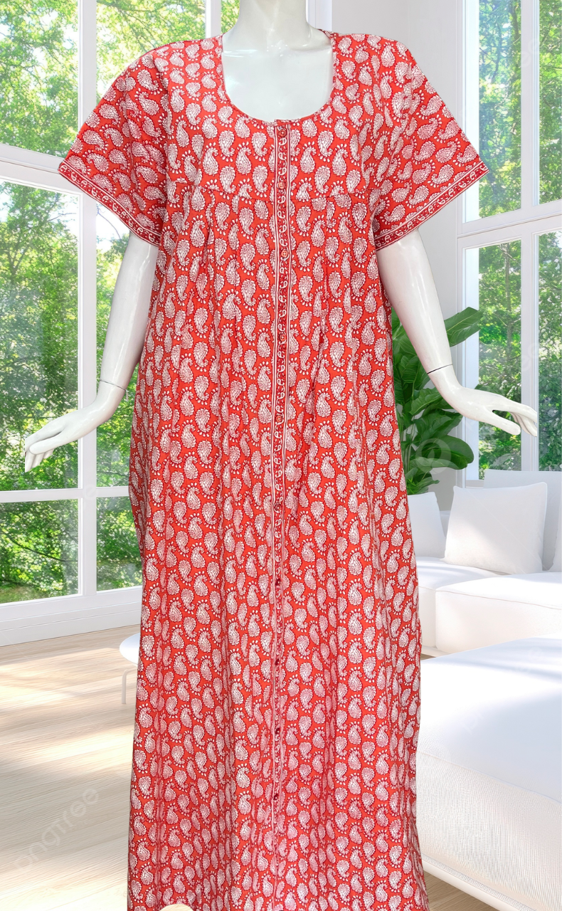 Orange Paisley Print Full Open Pure Cotton Nighty. Pure Cotton | Laces and Frills