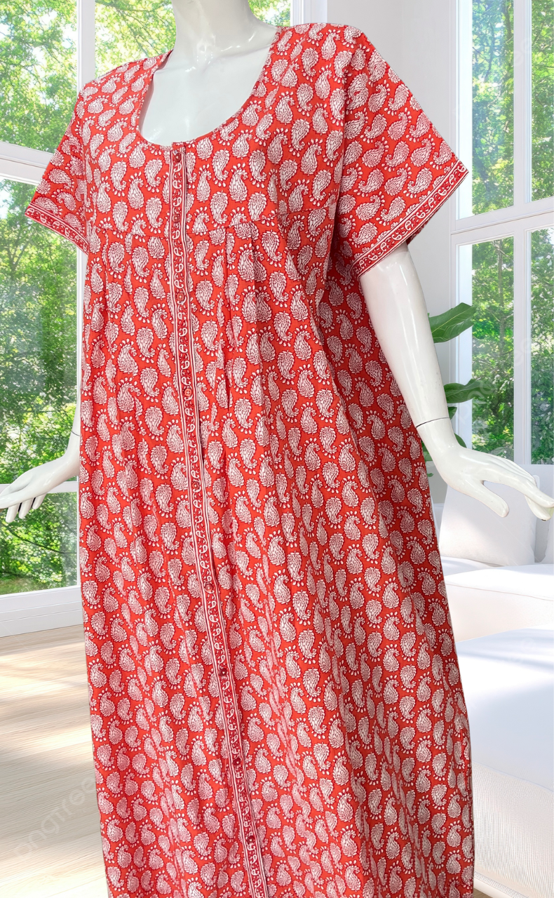 Orange Paisley Print Full Open Pure Cotton Nighty. Pure Cotton | Laces and Frills