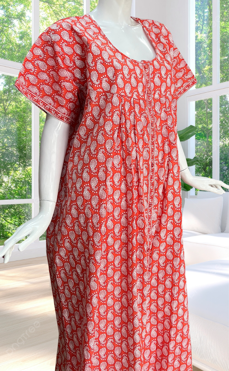 Orange Paisley Print Full Open Pure Cotton Nighty. Pure Cotton | Laces and Frills
