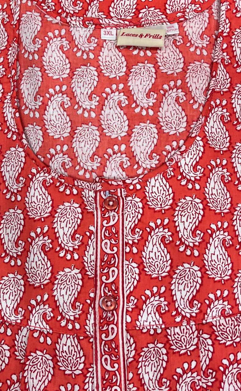 Orange Paisley Print Full Open Pure Cotton Nighty. Pure Cotton | Laces and Frills