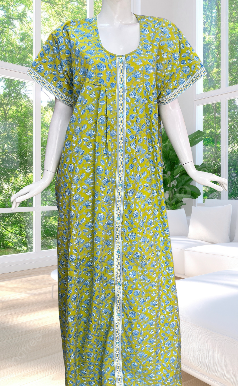 Lime Green Garden Full Open Pure Cotton Nighty. Pure Cotton | Laces and Frills