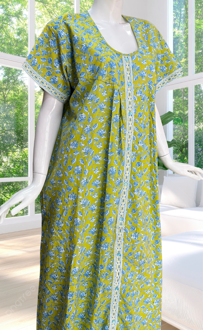 Lime Green Garden Full Open Pure Cotton Nighty. Pure Cotton | Laces and Frills