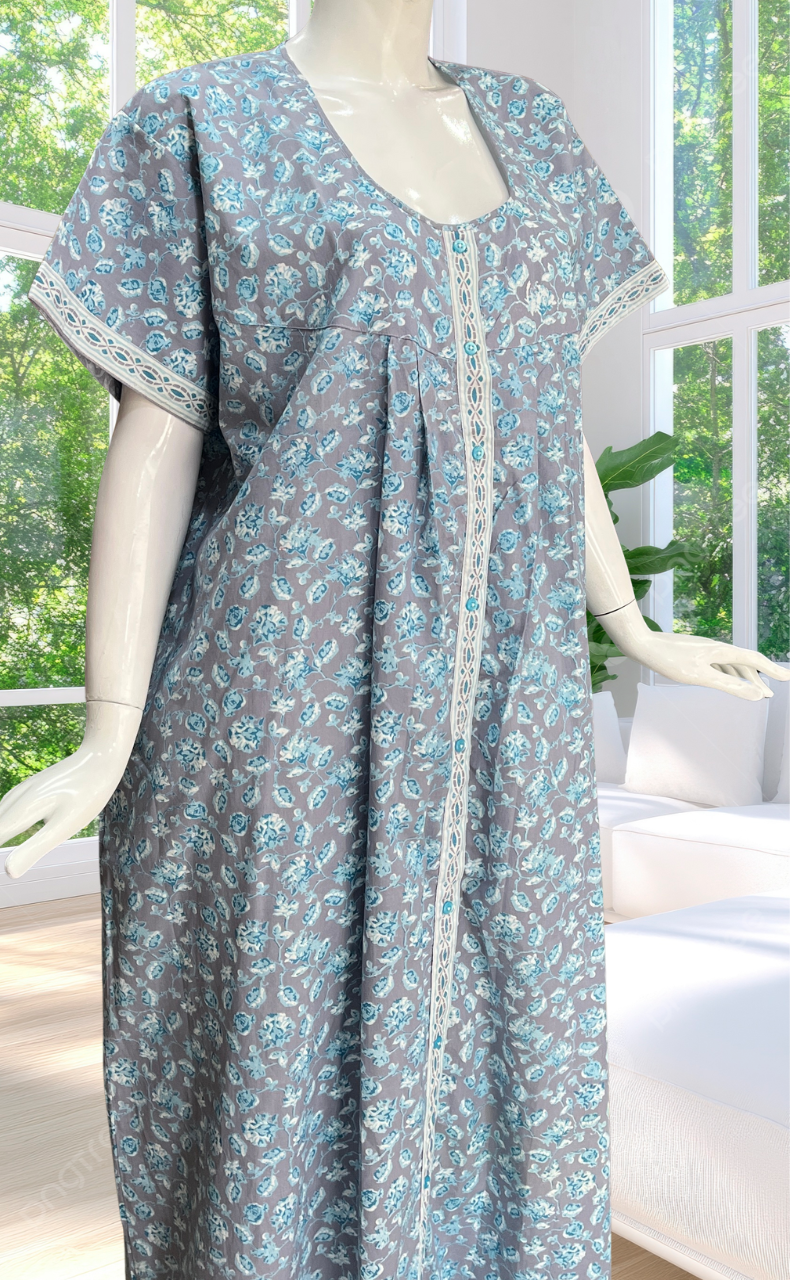 Grey Garden Full Open Pure Cotton Nighty. Pure Cotton | Laces and Frills