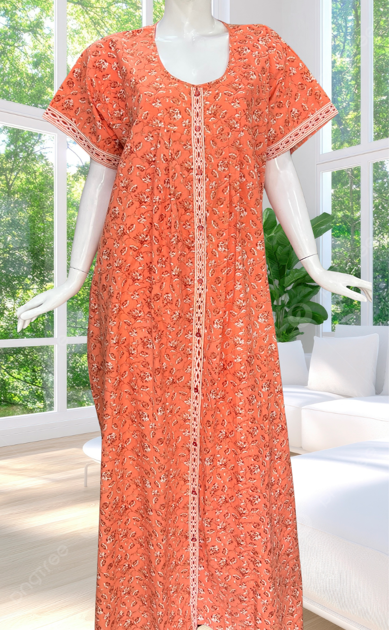 Peach Garden Full Open Pure Cotton Nighty. Pure Cotton | Laces and Frills