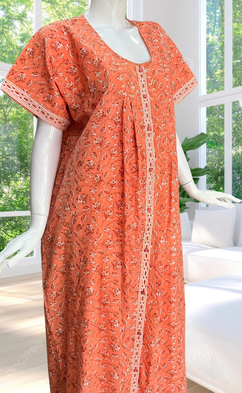 Peach Garden Full Open Pure Cotton Nighty. Pure Cotton | Laces and Frills