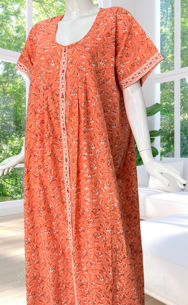 Peach Garden Full Open Pure Cotton Nighty. Pure Cotton | Laces and Frills