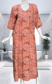 Peach Leafy Spun Long Sleeves Nighty. Flowy Spun Fabric | Laces and Frills