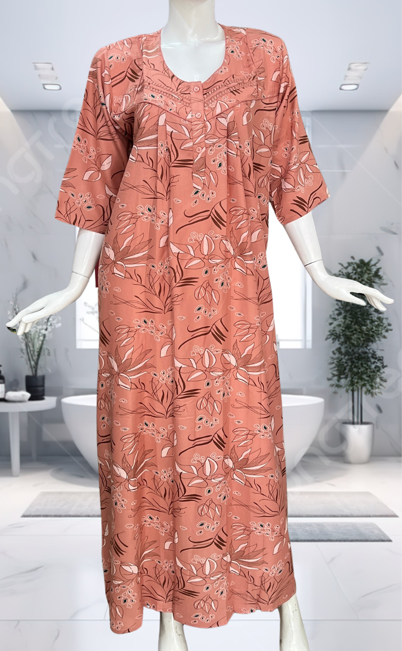 Peach Leafy Spun Long Sleeves Nighty. Flowy Spun Fabric | Laces and Frills