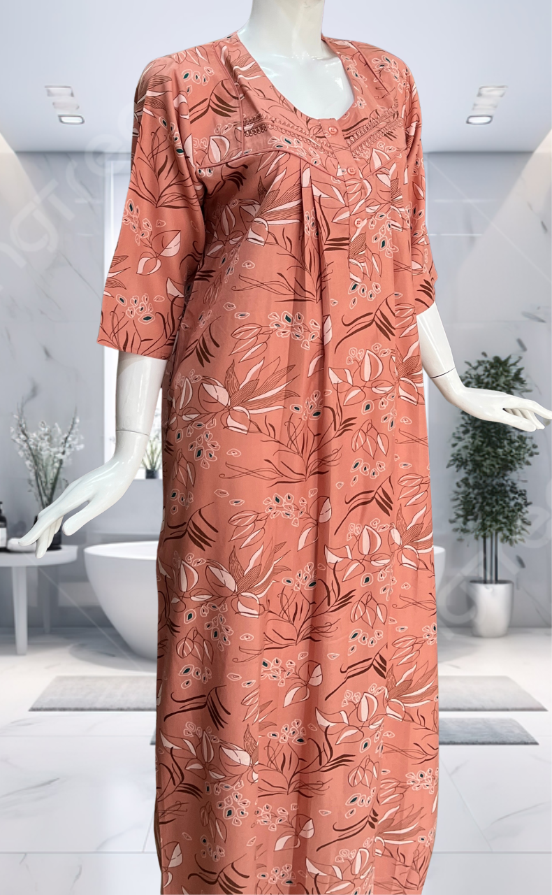 Peach Leafy Spun Long Sleeves Nighty. Flowy Spun Fabric | Laces and Frills