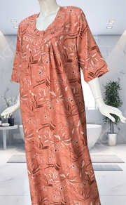 Peach Leafy Spun Long Sleeves Nighty. Flowy Spun Fabric | Laces and Frills