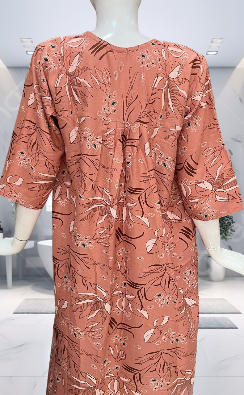 Peach Leafy Spun Long Sleeves Nighty. Flowy Spun Fabric | Laces and Frills