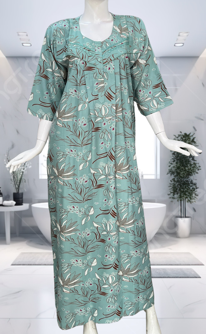 Sea Green Leafy Spun Long Sleeves Nighty. Flowy Spun Fabric | Laces and Frills