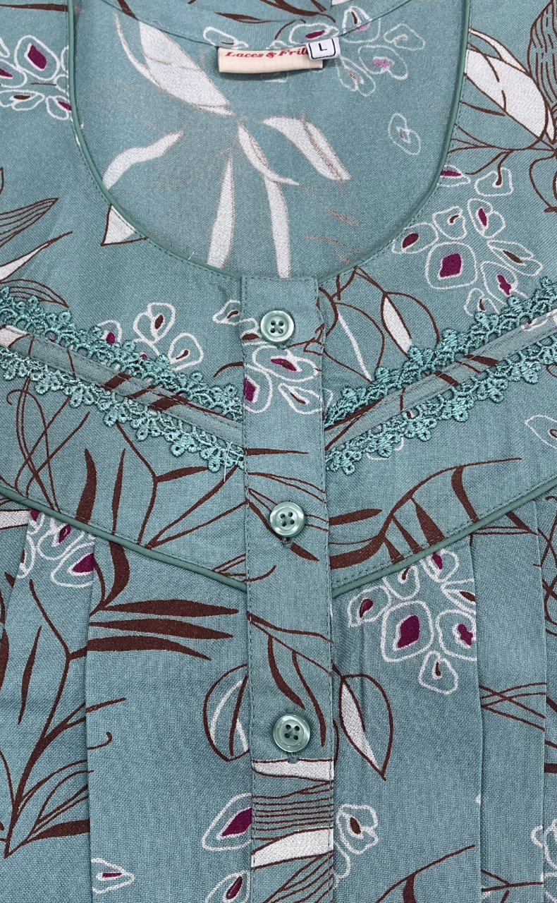 Sea Green Leafy Spun Long Sleeves Nighty. Flowy Spun Fabric | Laces and Frills