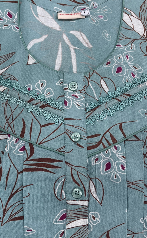 Sea Green Leafy Spun Long Sleeves Nighty. Flowy Spun Fabric | Laces and Frills