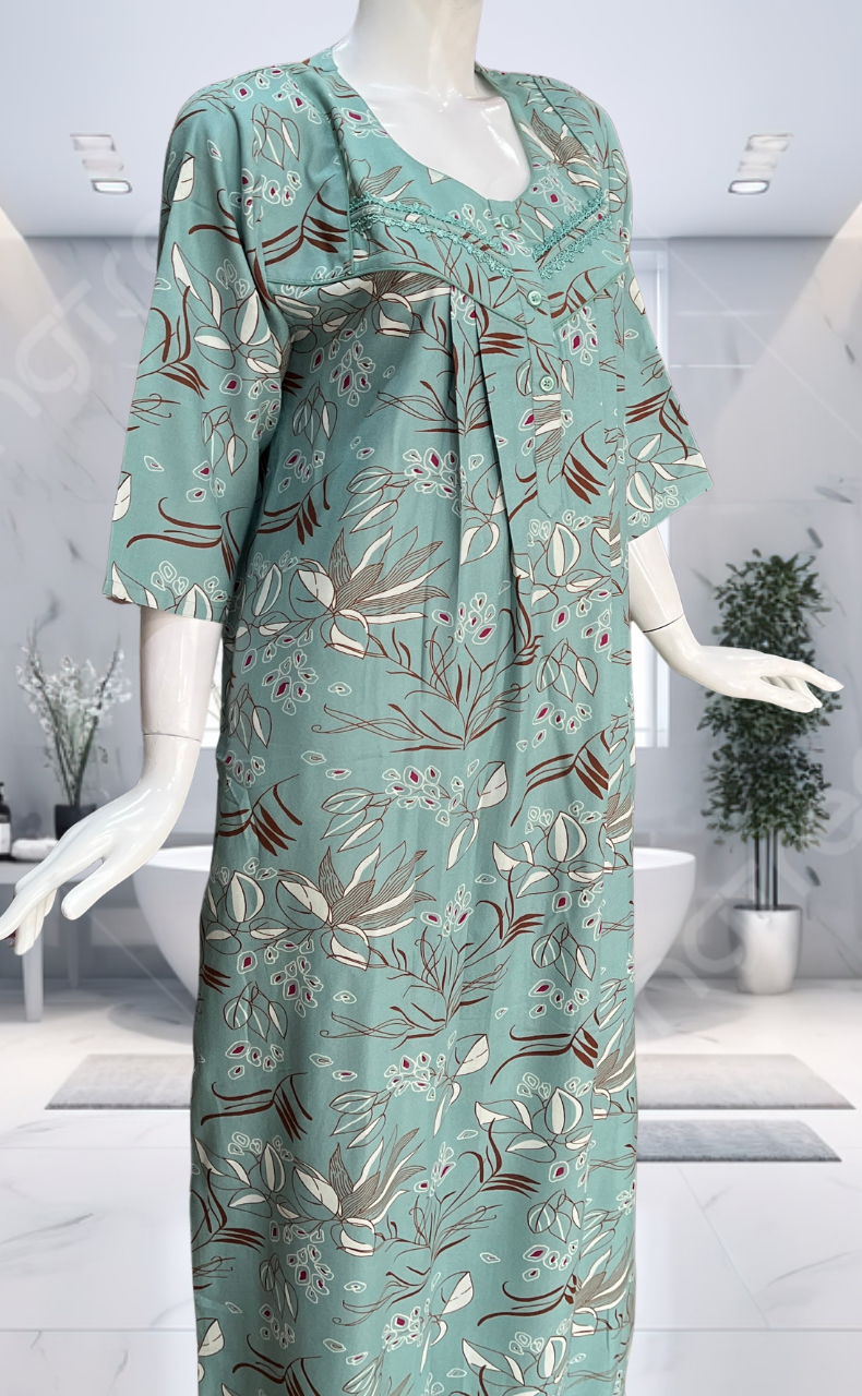 Sea Green Leafy Spun Long Sleeves Nighty. Flowy Spun Fabric | Laces and Frills