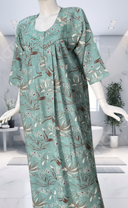 Sea Green Leafy Spun Long Sleeves Nighty. Flowy Spun Fabric | Laces and Frills