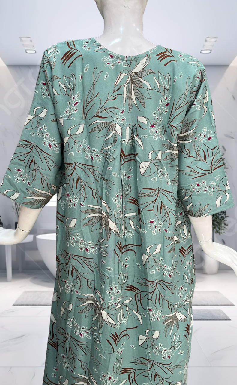 Sea Green Leafy Spun Long Sleeves Nighty. Flowy Spun Fabric | Laces and Frills