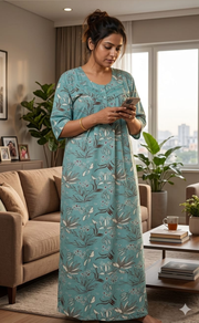 Sea Green Leafy Spun Long Sleeves Nighty. Flowy Spun Fabric | Laces and Frills - Laces and Frills
