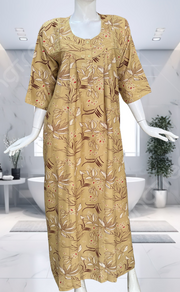 Beige Leafy Spun Long Sleeves Nighty. Flowy Spun Fabric | Laces and Frills