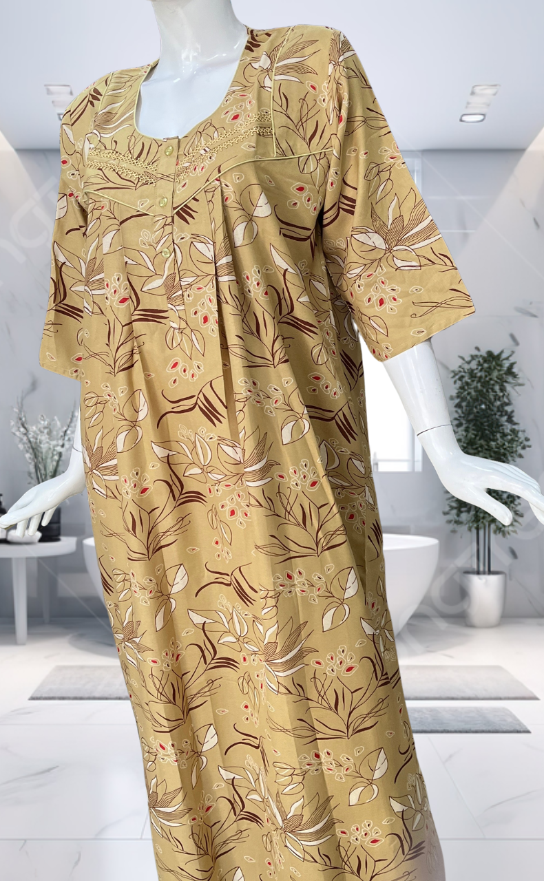 Beige Leafy Spun Long Sleeves Nighty. Flowy Spun Fabric | Laces and Frills