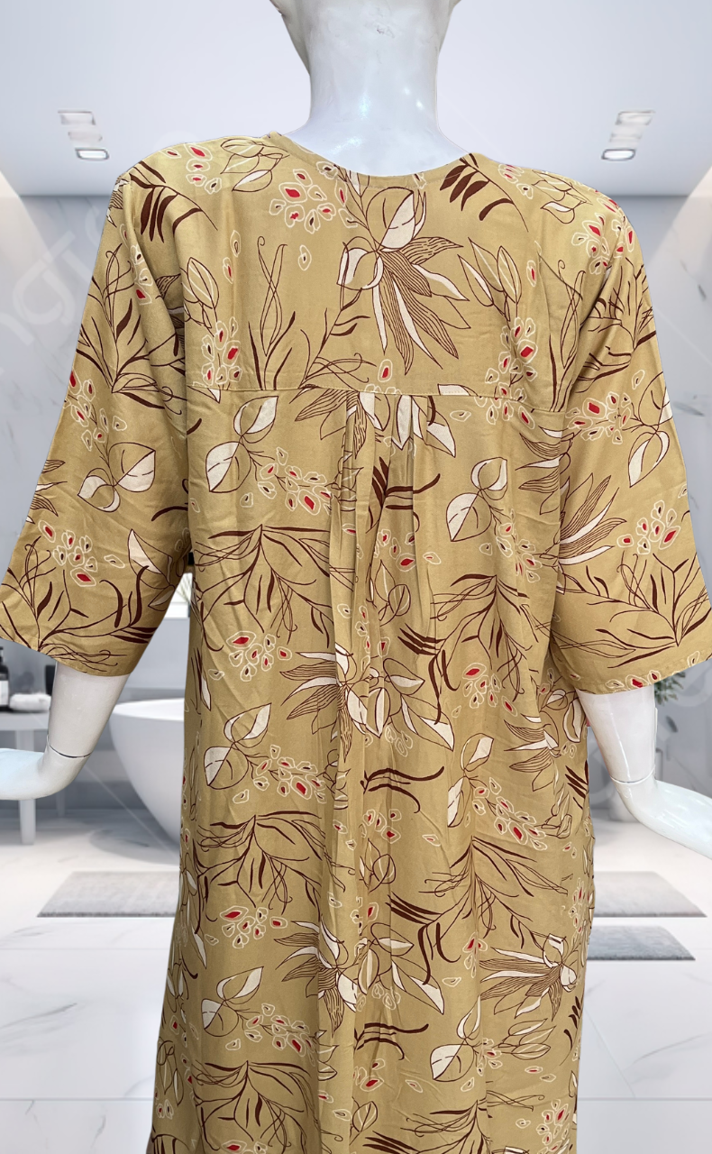 Beige Leafy Spun Long Sleeves Nighty. Flowy Spun Fabric | Laces and Frills