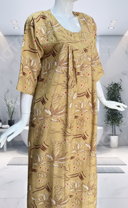 Beige Leafy Spun Long Sleeves Nighty. Flowy Spun Fabric | Laces and Frills